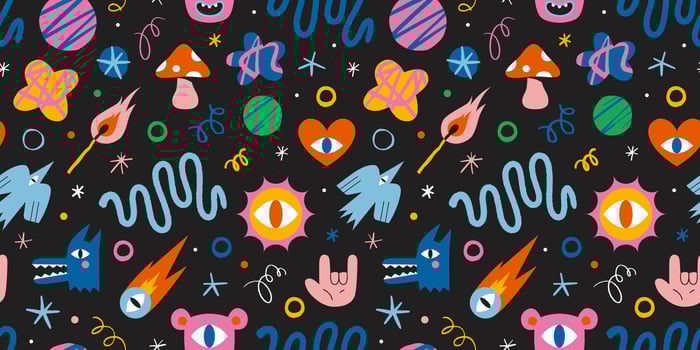 Seamless pattern with funny cartoon shapes and characters like bird, monsters, curves and stars. Trendy modern illustration on black background, hand drawn, textured effect, flat design vector