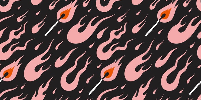 Seamless pattern various flames, fire and match in y2k aesthetic, vintage cartoon, old school tattoo neo tribal style. Trendy modern illustration on black background, hand drawn, flat design vector