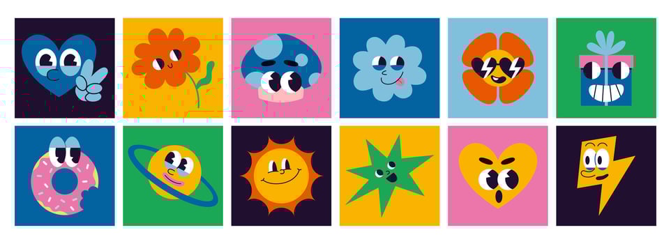 Set of various comic groovy characters, cartoon style. Square colorful icons. 70s funny cute retro stickers collection. Trendy modern illustration, hand drawn, flat design vector