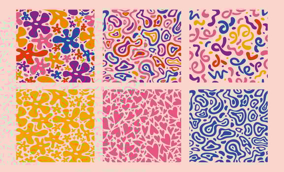 Seamless patterns set with abstract fluid shapes, hearts and groovy flowers, cartoon style. Funky retro style, Wavy lines. Trendy modern illustration, hand drawn, flat design vector