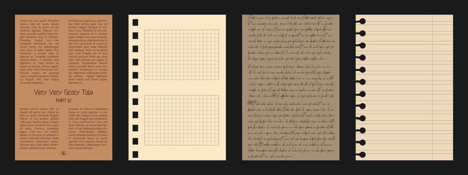 Old scrapbook paper sheets and newspaper. Retro pages with with lines, cells and illegible writing. Notebook set for collages and social media background vector