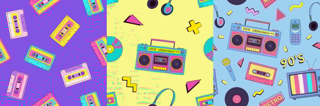 Set of retro cartoon 90s music seamless pattern. Nostalgia 1990s, y2k. Disco background vector
