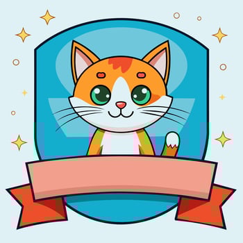 A cartoon cat with a smiling face sits inside a shield decorated with a ribbon vector
