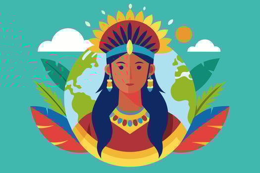 A woman in a Native American costume surrounded by feathers and a globe vector