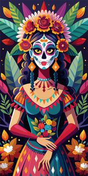 Day of the Dead artwork with floral headpiece, ideal for celebrating cultural tradition vector