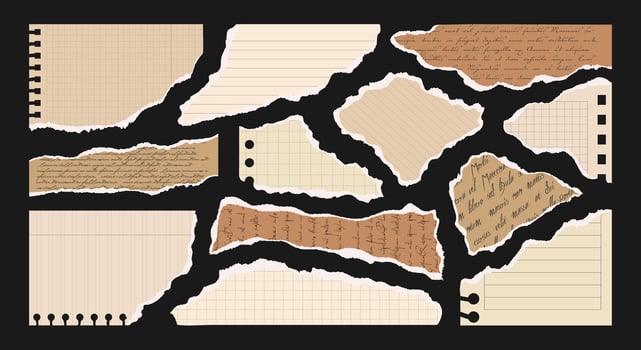 Paper cut scraps with torn edges. Notebook sheets, pieces notepad pages and old newspaper. Trendy elements for collage and scrapbook. Ripped vintage letter. Uneven stationery shapes School back vector