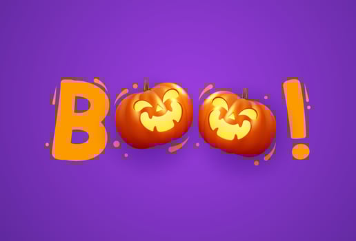 Boo. Happy Halloween design featuring spooky pumpkins with eerie faces on an purple background. Design template ideal for greeting cards, flyers, celebration posters, or party invitations. vector