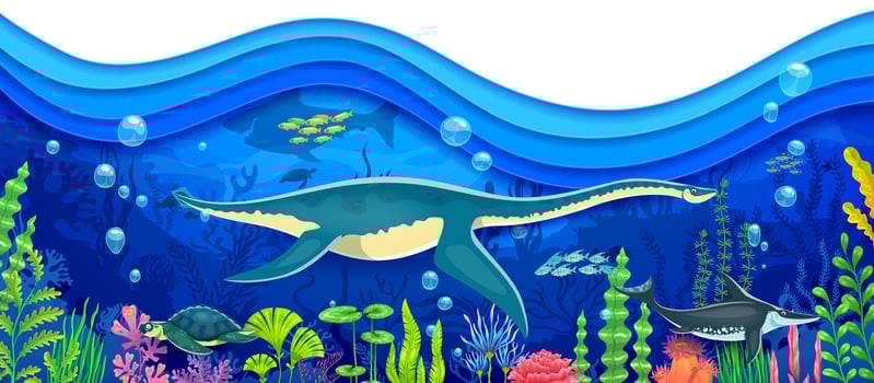 Prehistoric underwater dinosaurs paper cut banner vector