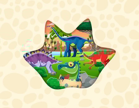 Dinosaur footprint paper cut with Jurassic lizards vector
