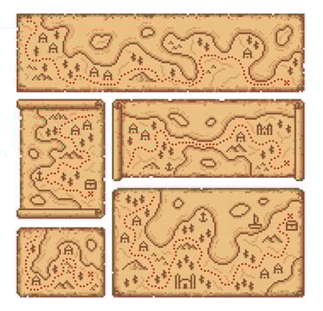 8 bit pixel pirate treasure map, paper manuscript vector