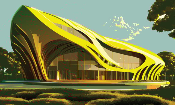 Landscape in green and yellow tones with a modern pavilion. graphics vector