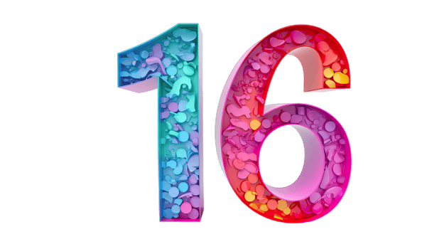 3d 16 colorful numbers on transparent background png