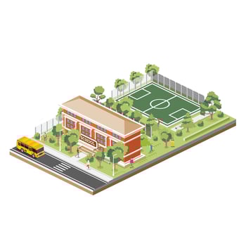 School or university building with sport stadium on the schoolyard. Isometric scene. School bus. Green trees. vector