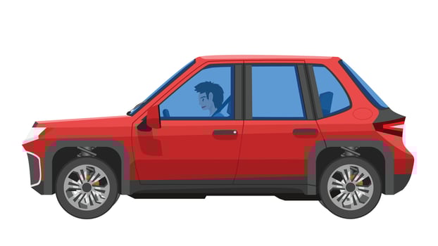 Concept illustration of detailed side of cross over car red color with driving man. Can see interior of car from transparent glass. on isolated white background. vector