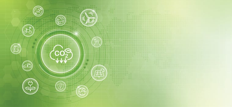 CO2 or carbon concept with icons on green background. co2 emission using clean energy and limit global warming. renewable energy, planting tree. design. vector