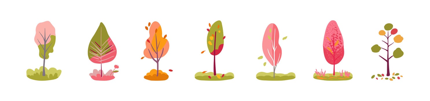 Set of decorative pink, yellow, green and pink trees. Autumn leaf fall folk. Isolated vector
