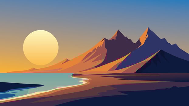 Radiant sun illuminates the mountains and beach, showcasing the stunning natural beauty of Iceland's landscape flat illustration vector