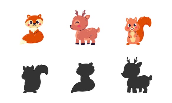Educational game for children. Find the right shadow. Kids activity with cute cartoon forest animals. Flat cartoon illustration isolate on white. vector