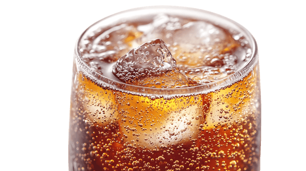 Close-Up View of Sparkling Cola with Ice Cubes in a Glass with Transparent Background png