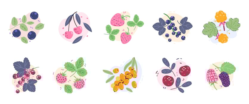 Compositions with berries and leaves set. Appetizing labels with berries. vector