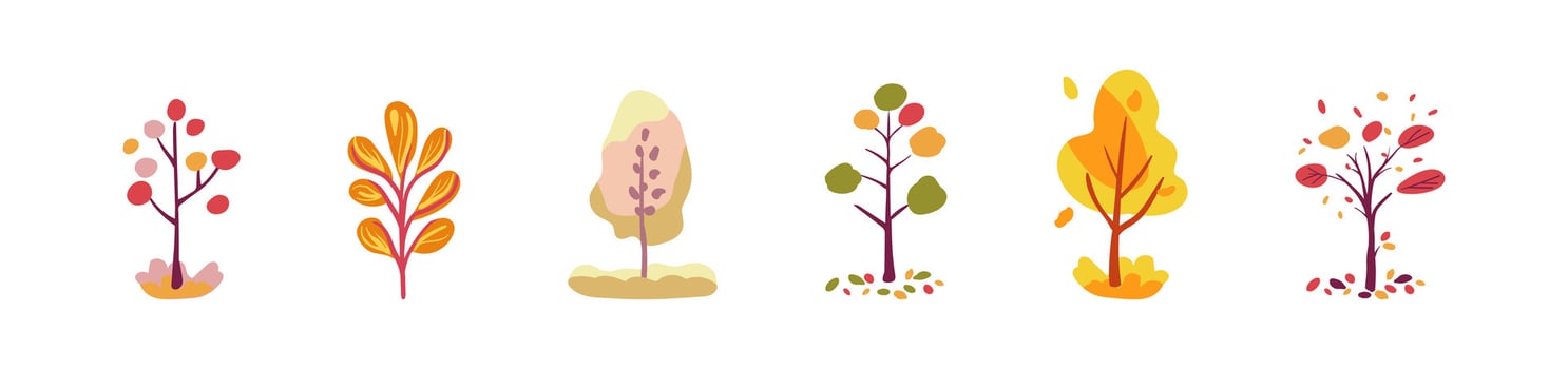 Set of decorative autumn trees. Autumn. Decorative pink and red trees with leaves. Multi-colored bright botany folk. Isolated vector