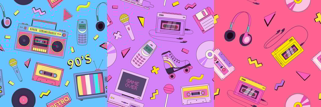 Set of retro cartoon 90s, y2k devises seamless pattern. Vintage technologies, music background. Old computer, floppy disk, phone, audio cassette, player, microphone, phone vector