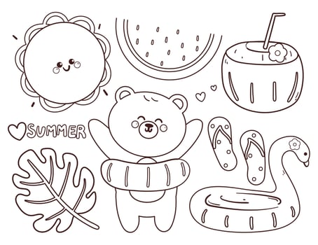 coloring page cartoon summer sticker set. cute sticker for summer season, doodle set for coloring book vector