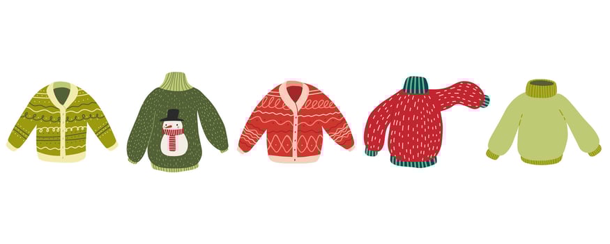Christmas Sweater. Cartoon sweaters set. Knitted comfort christmas winter clothing. Wool cozy cute hand drawn cardigan. illustration isolated on white background. vector