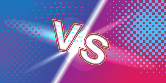 Background versus conflict battle screen and technology style blue and purple futuristic gradient comparison with light sparkles. vector