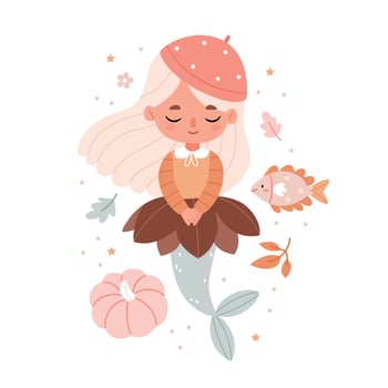 A cute mermaid in autumn clothes swims with fish and autumn leaves. Cute autumn girl. Unusual combination. Surrealism. vector