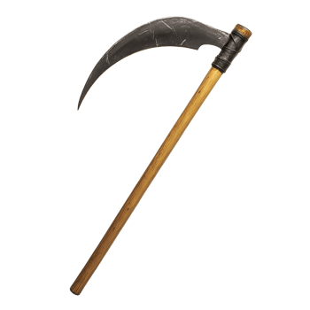 reapers scythe with a long curved blade and wooden handle on isolated background png