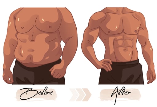 Dark skin men before and after fitness figure comparison vector