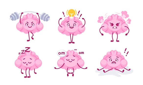 Set of cartoon brains representing mental states such as anger, relaxation, concentration, and sleepiness vector