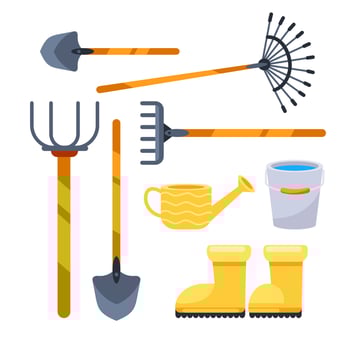 This vibrant illustration showcases a set of essential gardening tools, including shovels, rakes, a watering can, a bucket, and boots, perfect for any gardening enthusiast vector