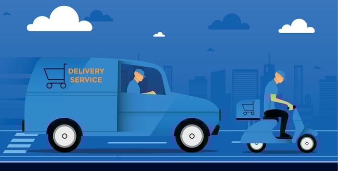 home delivery workers in transportation. wearing masks. vector