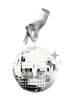 Halftone hand holding disco ball hanging on string collage element. Cut out of a magazine party festive symbol. Trendy modern retro illustration isolated on transparent background vector