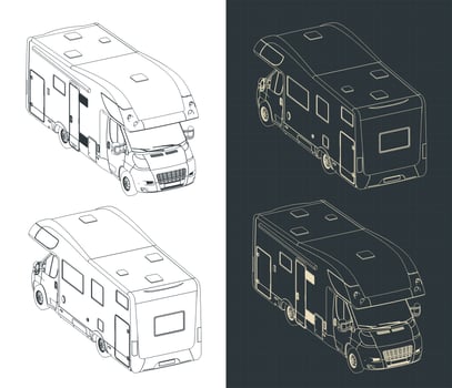 Camper van isometric technical drawings vector