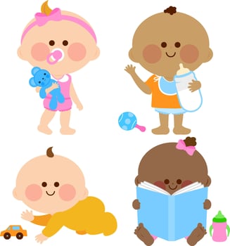 Cute baby girls and boys playing, drinking milk, crawling and reading a book. Diverse group of toddlers, happy little children. vector