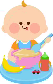 Cute toddler baby boy eating baby food cereal meal and pureed fruits and vegetables. A baby boy is having his breakfast of cereal and fruits. vector