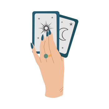 Female hand holds magic tarot cards, boho tattoo. illustration design vector