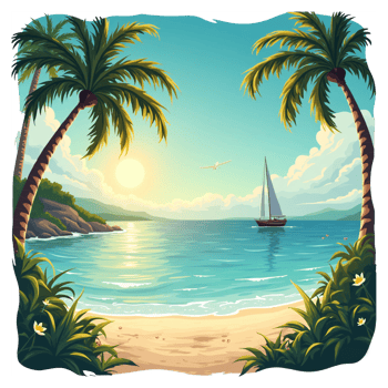 A cartoon beach scene with palm trees and a sailboat png