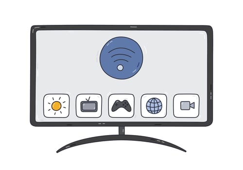 Cute doodle smart TV with internet and wireless control via smartphone. Hand drawn intelligence television display for watching , webinar, news. Internet of things device isolated on background. vector