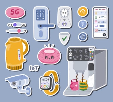 Cartoon set of stickers with smart devices for entertainment, cook, secure home for planners, notebooks. Ready for print list of cute stickers. Hand drawn intelligence remote control via phone. vector