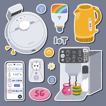Cartoon set of stickers with Internet of things and network clipart for planners, notebooks. Ready for print list of cute stickers. Smart home devices for remote housework, control. Creative clipart. vector