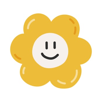 Groovy cartoon yellow flower face in hippie and Y2k aesthetic. Retro smiling face flower as symbol of 70s and 90s. Floral emoji isolated on white background. Hand drawn nostalgic clipart for design. vector
