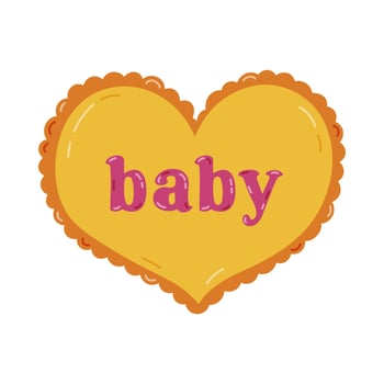 Cute yellow cartoon heart with lettering Baby in Y2k aesthetic. Retro love symbol from 90s and 00s. Hand drawn simple heart with typography isolated on white background. Nostalgia for 1990s vibes. vector