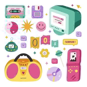 Cute cartoon hand drawn Y2k set with symbols from 90s, 00s. Retro aesthetic clipart of dvd disk, radio, electronic toy, old PC, cassette tape, roller skate, lollipop. Nostalgia for 1990s vibe. vector
