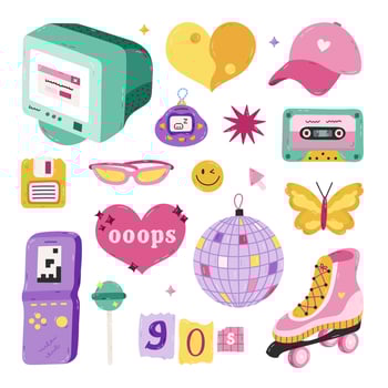 Cute cartoon hand drawn Y2k set with symbols from 90s, 00s. Retro aesthetic clipart of old PC, sunglasses, electronic toy, butterfly, baseball cap, roller skate. Nostalgia for 1990s vibe. vector