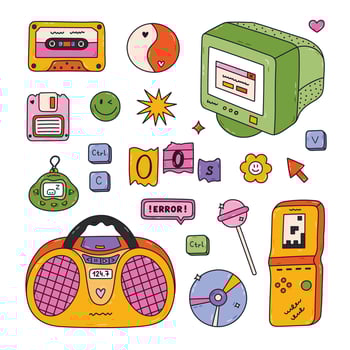 Groovy doodle hand drawn Y2k set with symbols from 90s, 00s. Retro outline aesthetic clipart of dvd disk, radio, electronic toy, PC, cassette tape, roller skate, lollipop. Nostalgia for 1990s vibe. vector