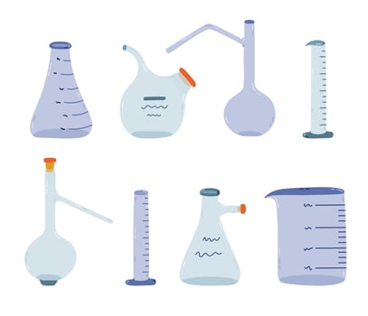 Cute cartoon set with empty laboratory beaker. Flat-bottomed, round, high flask, glassware, tube for scientific experiment, chemistry, medicine test. Hand drawn lab equipment isolated on white. vector